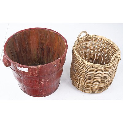 Rustic Painted Timber Vessel and a Cane Basket