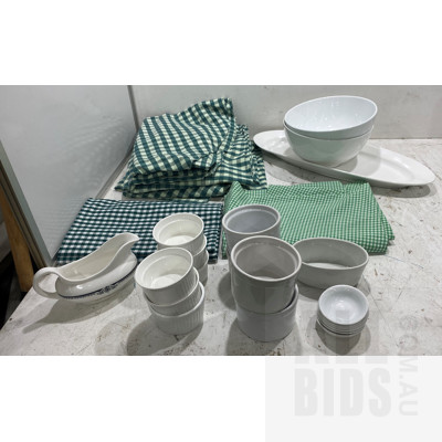 Assorted Table Clothes and Serving Dishes