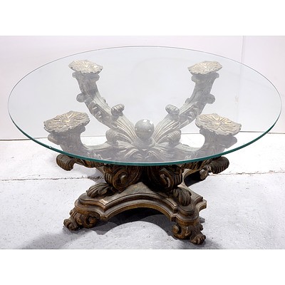 Italianate Antique Style Coffee Table with Gilded Resin Base and Circular Glass Top