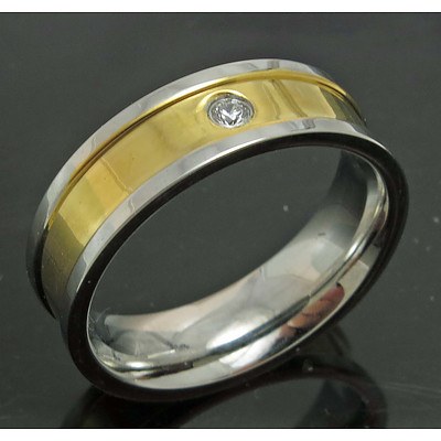 Stainless Steel Ring With 18ct Gold Plated Centre - Set With One Round Brilliant-Cut Cz