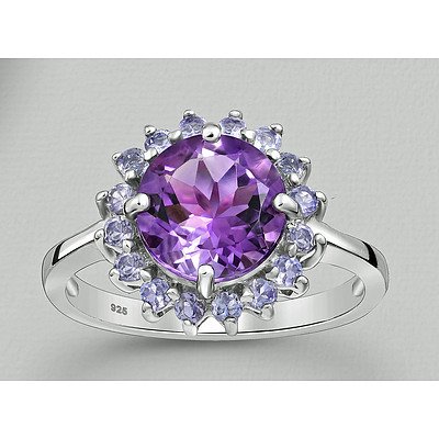 Sterling Silver Ring-Set With Amethyst And Tanzanites