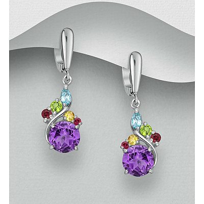 Sterling Silver Drop Earrings - Set With Natural Gems