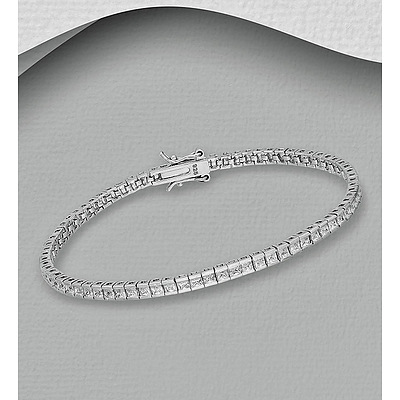 Sterling Silver Bracelet - Each Link Set With One Princess-Cut Diamond