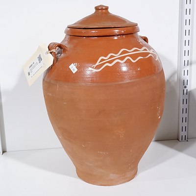 Large Terracotta Urn with Glazed Decoration to Top Portion