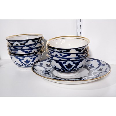 Vintage Eastern European Blue and White Gold Rimmed Porcelain