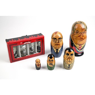 Vintage Boxed Russian Leaders Shot Glass Set and Russian Doll Set (2)