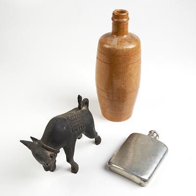 Vintage Cast Metal Bull Figurine, Portuguese Stoneware Bottle and a Selangor Pewter Hip Flask (3)