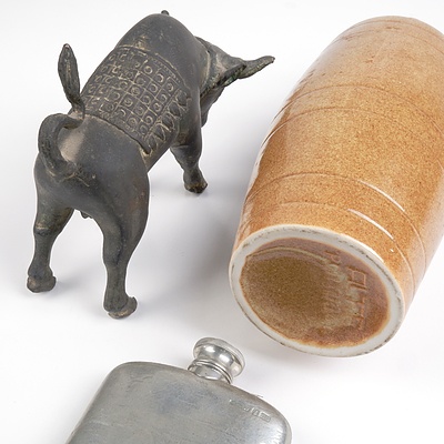 Vintage Cast Metal Bull Figurine, Portuguese Stoneware Bottle and a Selangor Pewter Hip Flask (3)