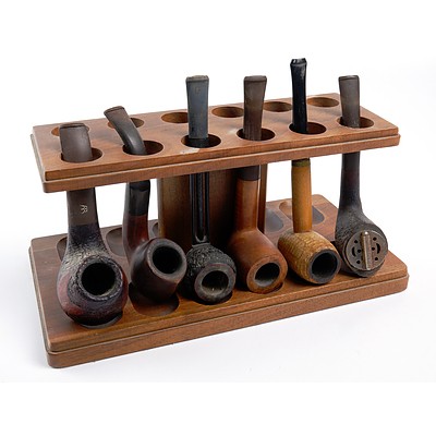 Vintage 12 Place Pipe Stand with Six Vintage Pipes including Bakelite and Hand Carved