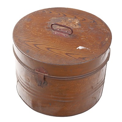 Vintage Metal Hat Box with Painted Wood Grain Decoration