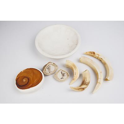 White Marble Dish, Amonite Fossil, Two Small Geodes and Four Tusks