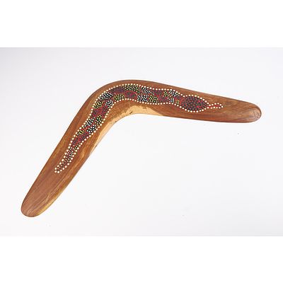 Painted Boomerang by Charlie Williams, Wooden Boomerang and Small Indigenous Bark Painting