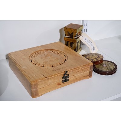 Chinese Wood and Brass Puzzle Box, Wooden Tea Box and Replica Antique Zodiac Compass (3)