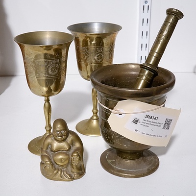 Two Brass Goblets, Brass Mortar and Pestle and Buddha Figurine