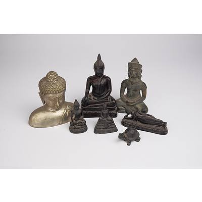 Two Metal and Five Wooden Thai Deity Figures
