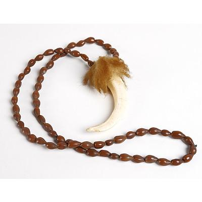 Antique Pacific Island Boar Tusk and Seed Necklace