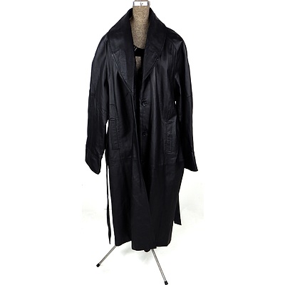 terry Lewis Leather trench Coat with Shawl Collar and Waist Tie