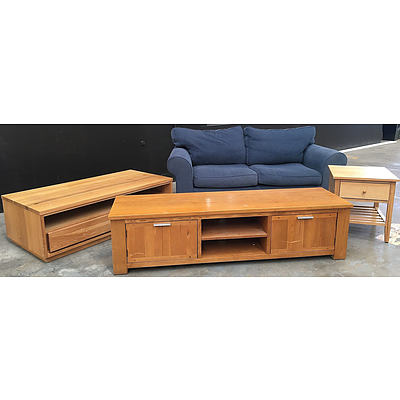 Mixed Household Furniture - 2 Seat Fabric Lounge, TV Unit, Coffee Table, And Occasional Table