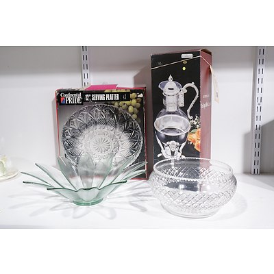 Boxed Glass and Silverplate Coffee Carafe, Crystal Bowl, Cut Glass Platter and Glass Bowl (4)