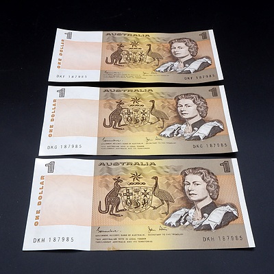 3 X Consecutive Prefix $1 1982 Johnston Stone Australian One Dollar Banknotes