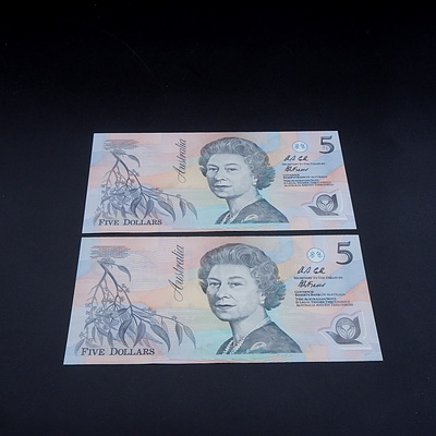 2 X Consecutive $5 1992 Fraser Evans Australian Five Dollar Banknotes