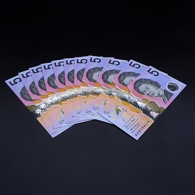 11 X Consecutive $5 2002 Stevens Fraser Australian Five Dollar Polymer Banknotes