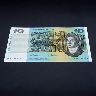 $10 1974 Phillips Wheeler Australian Ten Dollar Banknote R305 TBX730523