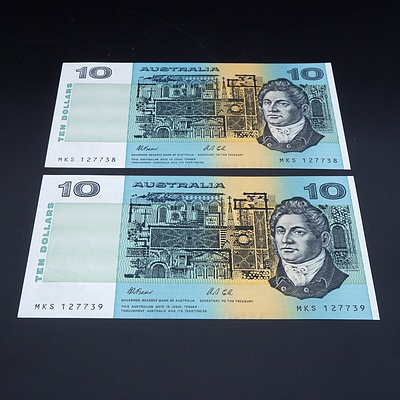 2 X Consecutive $10 1991 Fraser Cole Australian Ten Dollar Banknotes