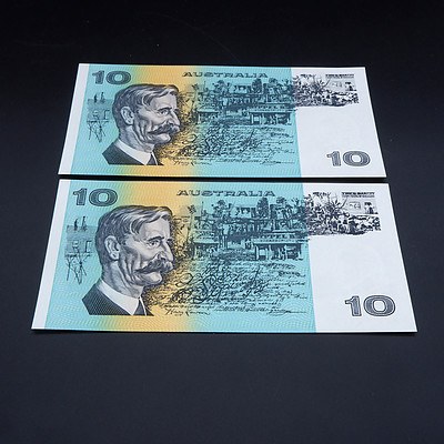 2 X Consecutive $10 1991 Fraser Cole Australian Ten Dollar Banknotes