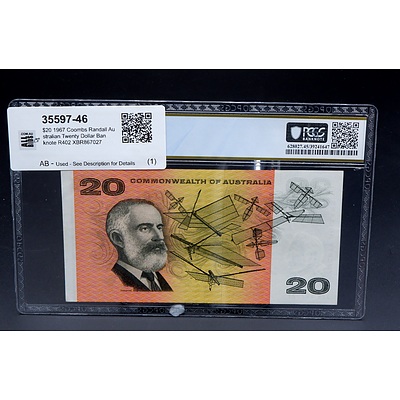 $20 1967 Coombs Randall Australian Twenty Dollar Banknote R402 XBR867027, PCGS Graded Choice XF