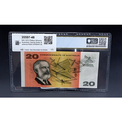 $20 1972 Phillips Wheeler Australian Twenty Dollar Banknote R404 XFB949136, PCGS Graded Choice AU