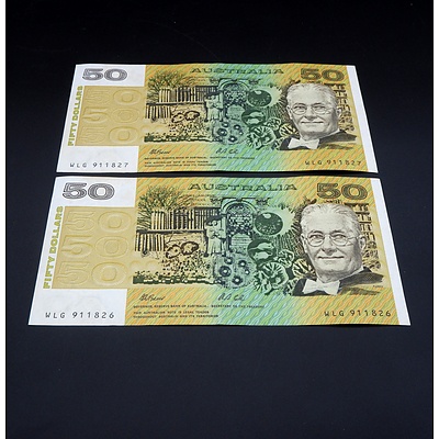 2 X Consecutive $50 1991 Fraser Cole Australian Fifty Dollar Banknotes