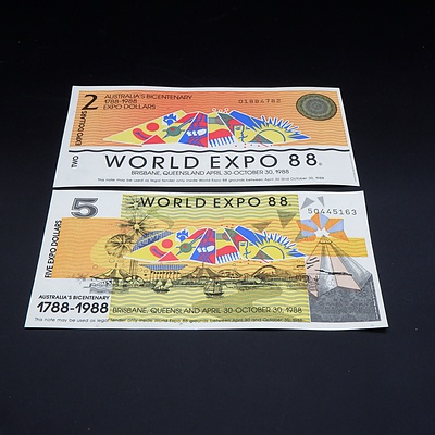 $2 and $5 1988 Brisbane World Expo Two Dollar and Five Dollar Notes aUNC Condition