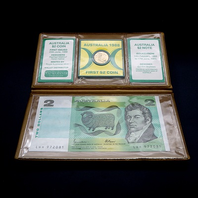 1988 2 x $2 Uncirculated Last Australian Two Dollar Note and First Australian Two Dollar Coin Wallet