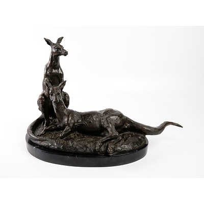 Hollow Cast Bronze Figure of Two Kangaroos on a Marble Plinth