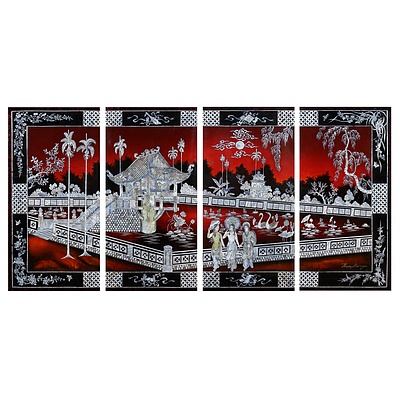 Four Panels Depicting a Chinese Garden, Laquer and Mother of Pearl Inlay, overall size 160 x 80 cm (4)