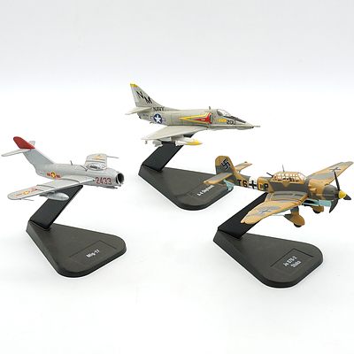 Three Air Combat Collection Model Planes, A-4 Skyhawk, Mig 17, and Ju 87B-2 Stuka