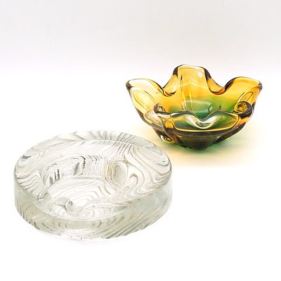 Vintage Heavy Glass Ashtray with Impressed Peacock Feather Pattern and a Murano Glass Bowl