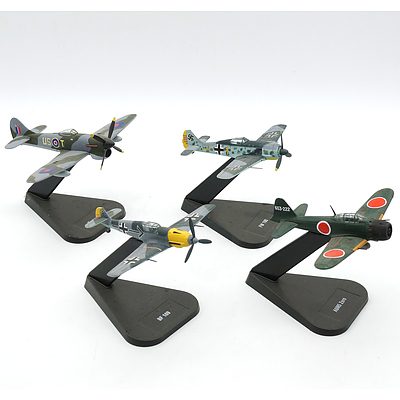 Four Air Combat Collection Model Planes, A6M5 Zero, BF 109, FW 190 and Tempest