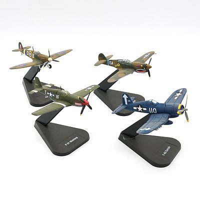 Four Air Combat Collection Model Planes, F-4U Corsair, P-51 Mustang, P-40 Warhawk and Spitfire 