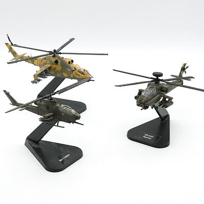 Three Air Combat Collection Model Helicopters, Mi-24, AH-64D Apache and AH-1 Cobra