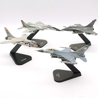 Four Air Combat Collection Model Planes, F-8 Crusader, F-16 Fighting Falcon, Mig 29 and Rafale