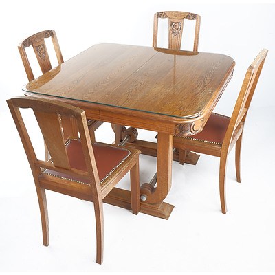 Art Deco Solid Oak Dining Table with Carved Period Decoration and Four Matching Chairs