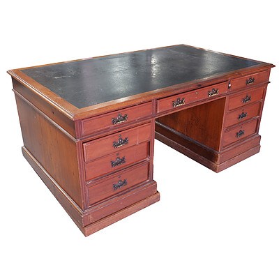 Large Antique Mahogany Partners Desk with Leatherette Insert Top