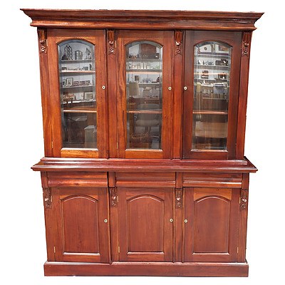 Antique Style Mahogany Two Height Cabinet with Three Cupboards Below and Bevelled Glass Doors Above