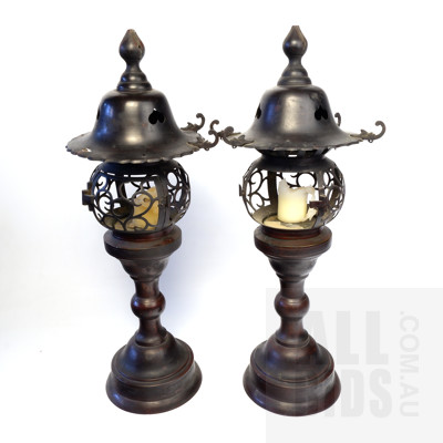 Pair Antique Style Cast Metal Japanese Temple Lanterns