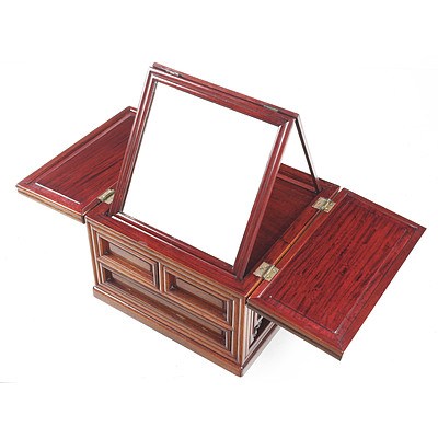 Chinese Rosewood Opera Performer Make Up Box with Several Drawers, Carved Wings and Fold Up Mirror