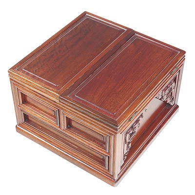 Chinese Rosewood Opera Performer Make Up Box with Several Drawers, Carved Wings and Fold Up Mirror