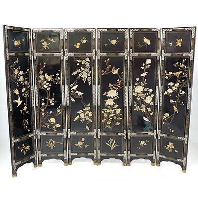 Chinese Black Lacquer and Carved Hardstone Embellished Six-Panel Screen with Mother of Pearl Inlay and Hand Painting