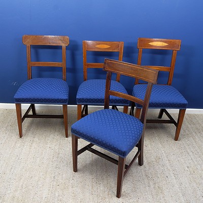 Harlequin Set pof Four Regency String Inlaid Mahogany Dining Chairs with Nicely Brocade Upholstery, Early 19th Century